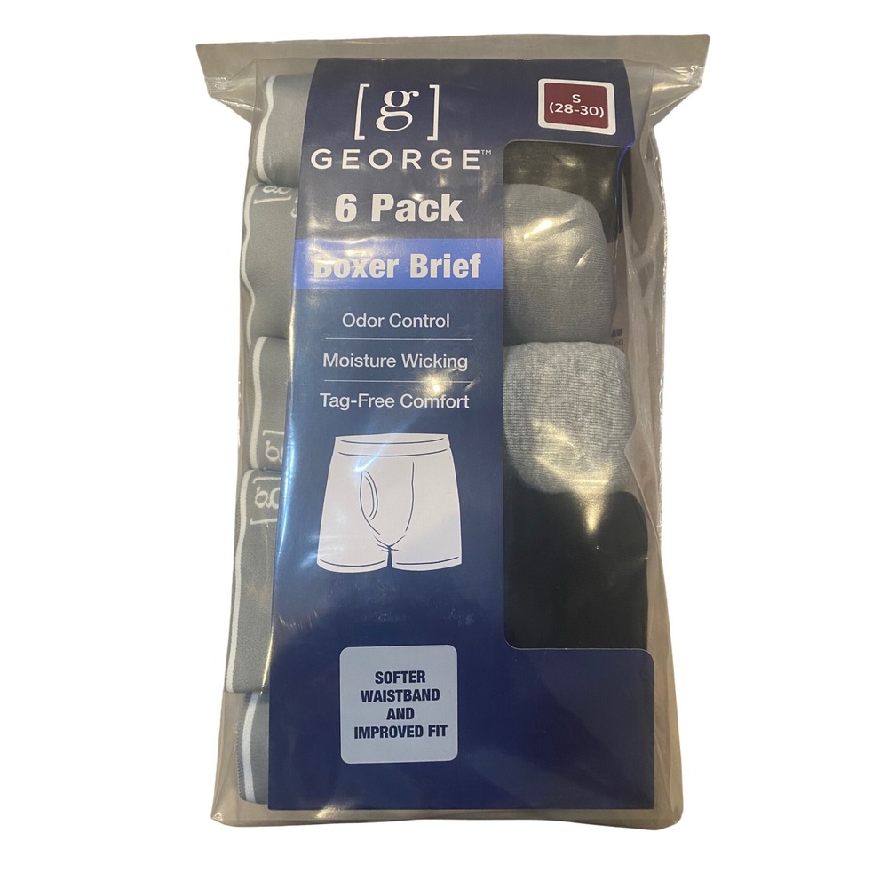 George Mens 6 Pack Boxer Briefs Small 28-30 Odor Control Moisture Wicking New‎